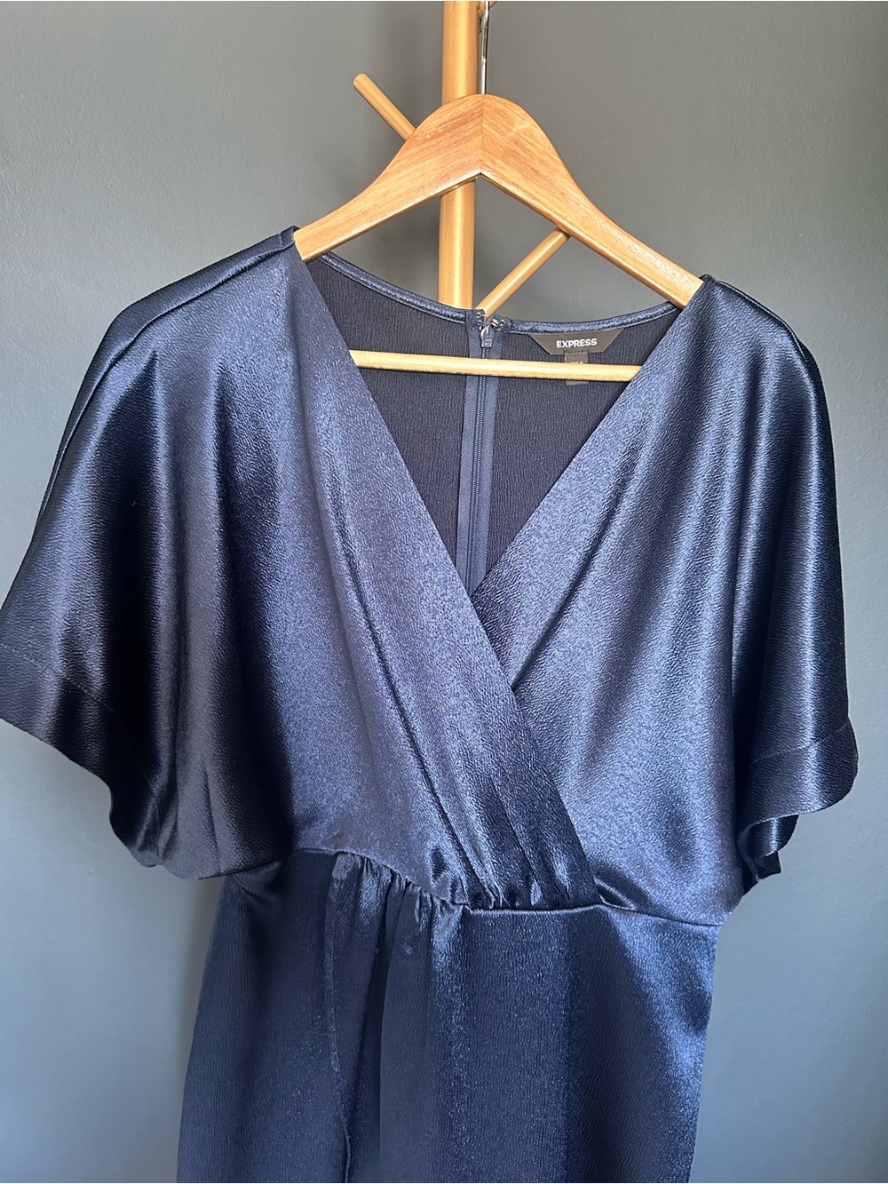Express Navy Satin Midi Dress Faux Wrap - Picture 5 of 12